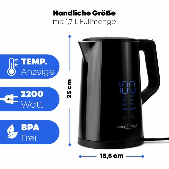ProfiCook Wasserkocher – 1,7 l, mit Temperaturwahl, Warmhaltefunktion, Edelstahl, schwarz, PC-WKS 1243