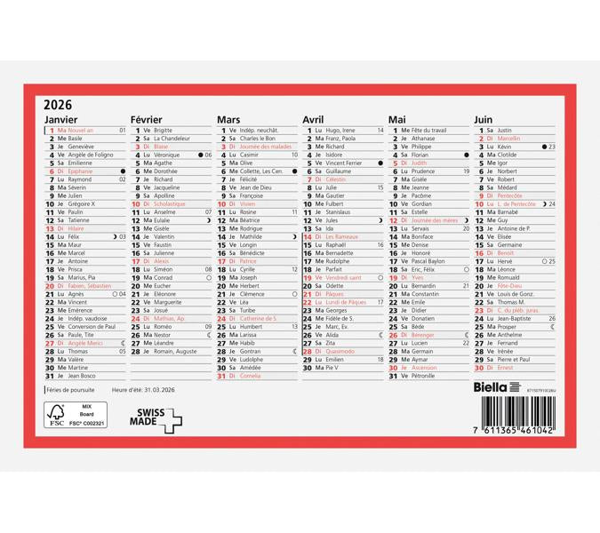 Biella Wandkalender – 6 Monate pro Seite – einsprachig Französisch – 2026 – 23,5 × 15,5 cm