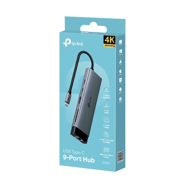 TP-Link UH9120C USB-Hub – USB-C, HDMI 4K, 1× USB-A, 3× USB-C, 100 W PD, GbE, SD/microSD, für Windows/Mac