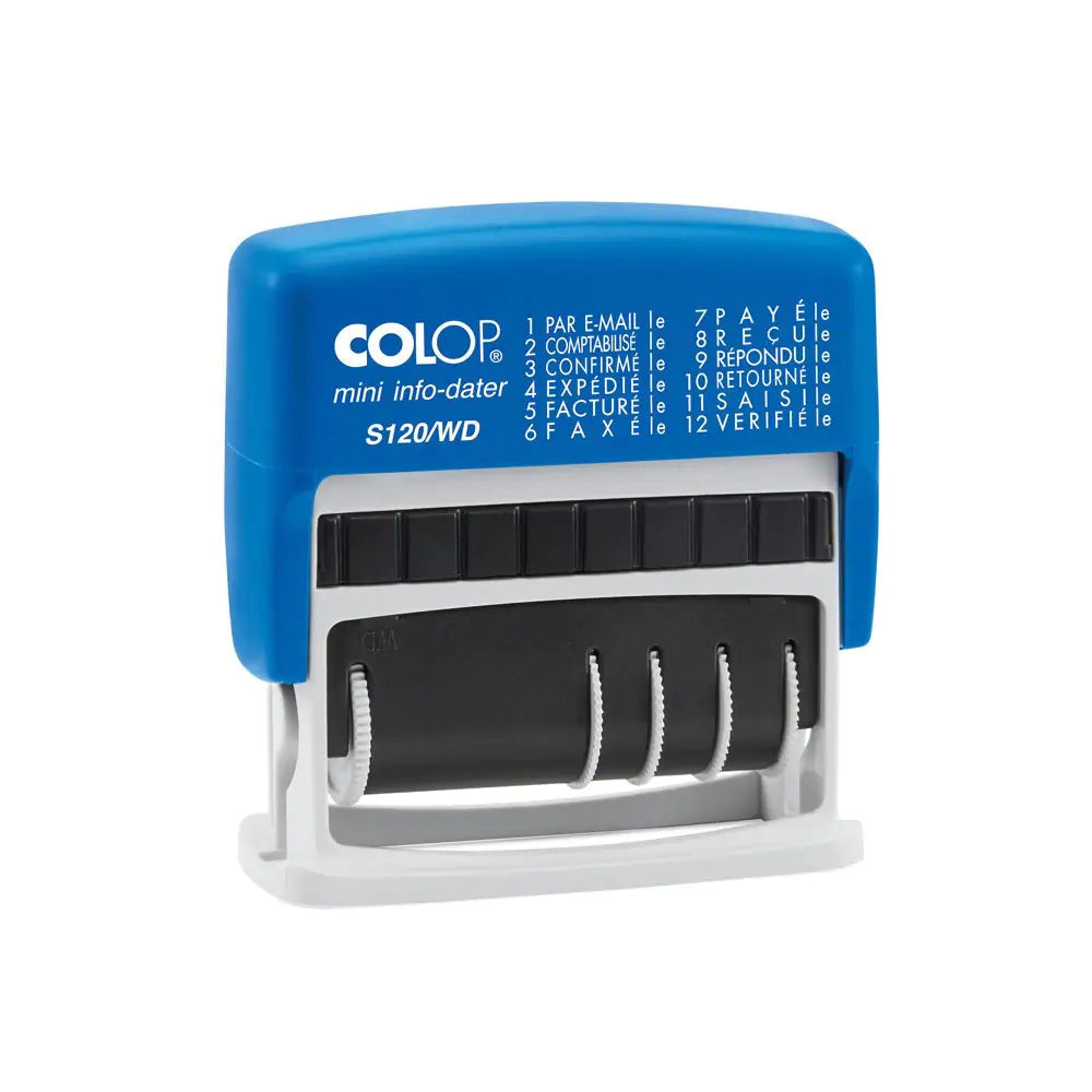 Colop S120WDD01 – Selbstfärbender Wort- & Datumstempel, 12 Texte, Schrifthöhe 4 mm – Blau/Rot