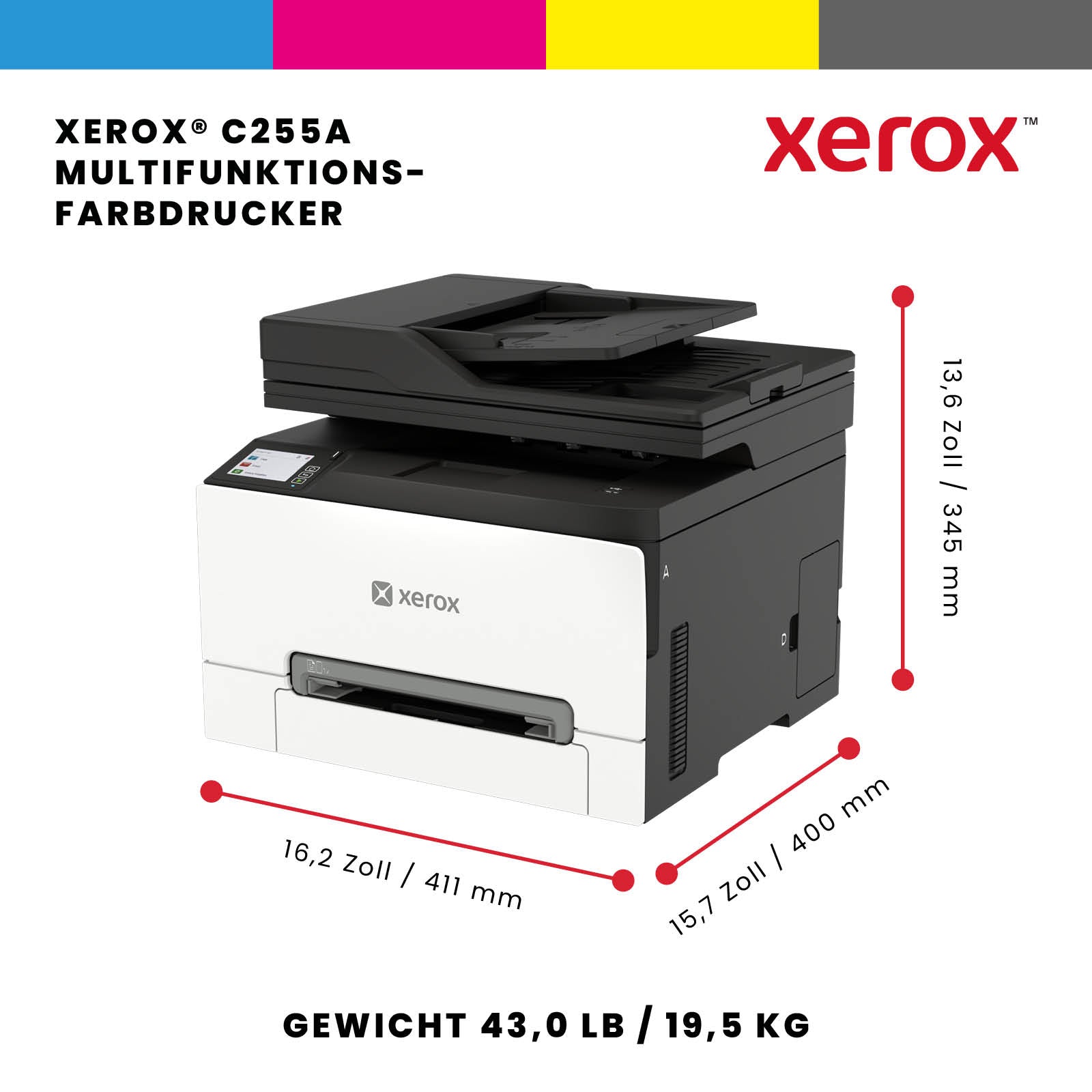 Xerox C255A – Farbe, A4, Duplex, WLAN, LAN, USB, 26 ppm, AirPrint, Mopria