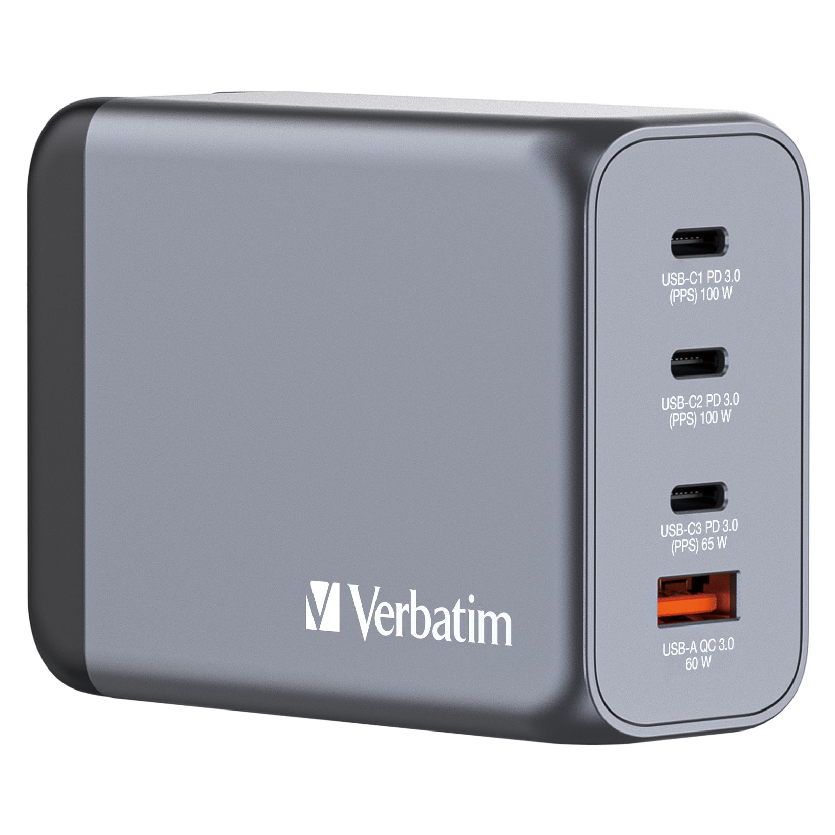 Verbatim GaN 4-Port USB-Ladegerät 200 W – USB-C×3, USB-A×1 – PD 3.0, PPS, QC 3.0, GaN – EU/UK/US-Adapter