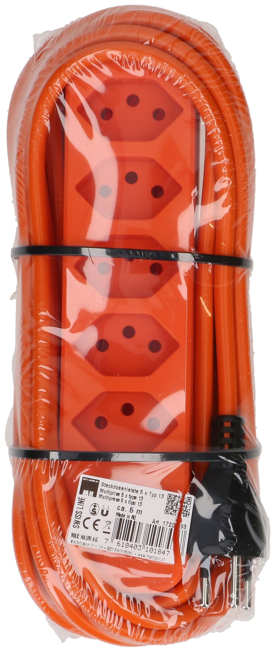 Max Hauri AG Max Hauri Steckdosenleiste 5×T13, ohne Schalter, 5 m, Überstromschutz, Eingang T12 – orange