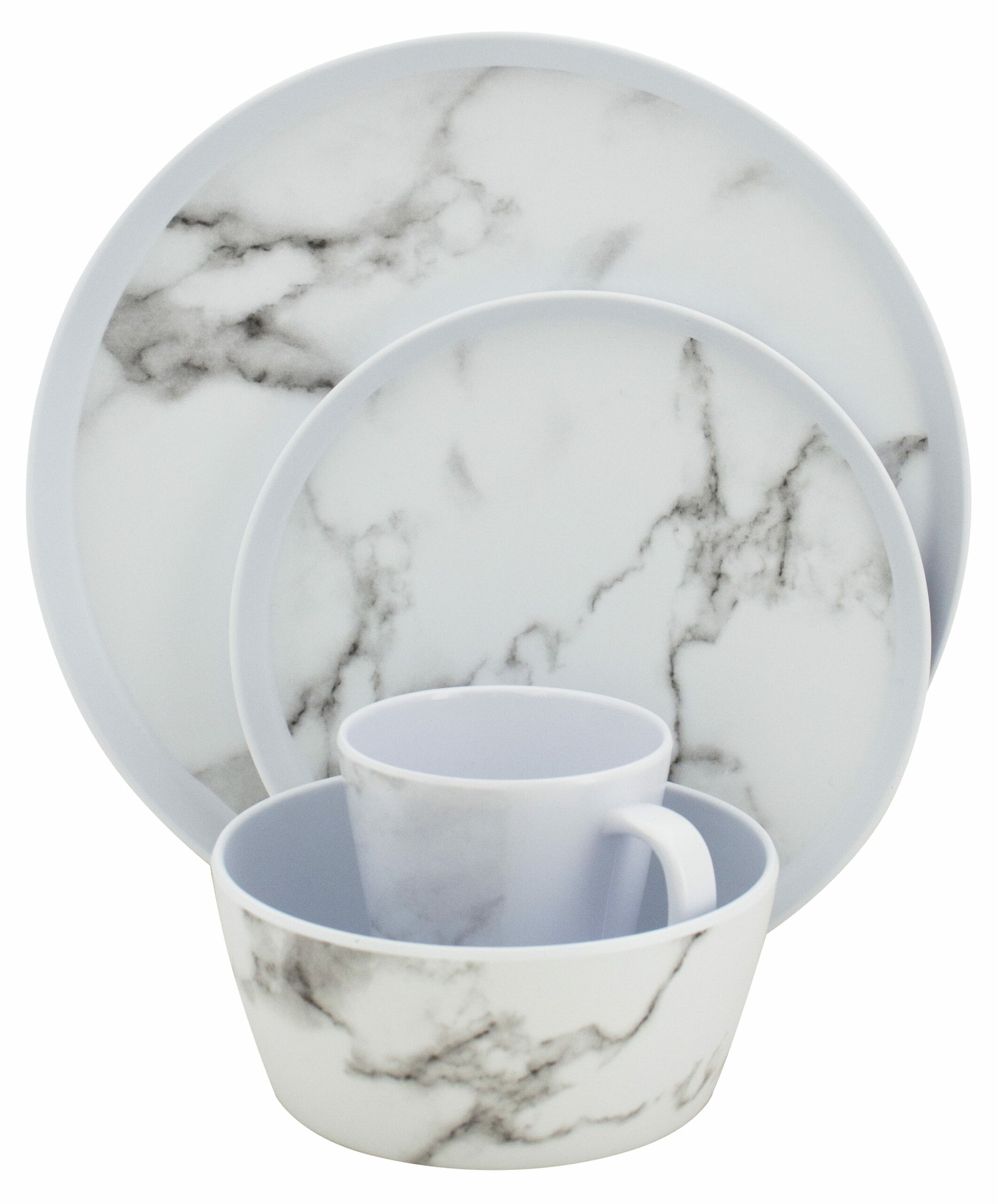 Eurotrail Geschirrset Marble ETKW2071 – 16-teiliges Set, Ø 27 cm, Melamin, Weiss