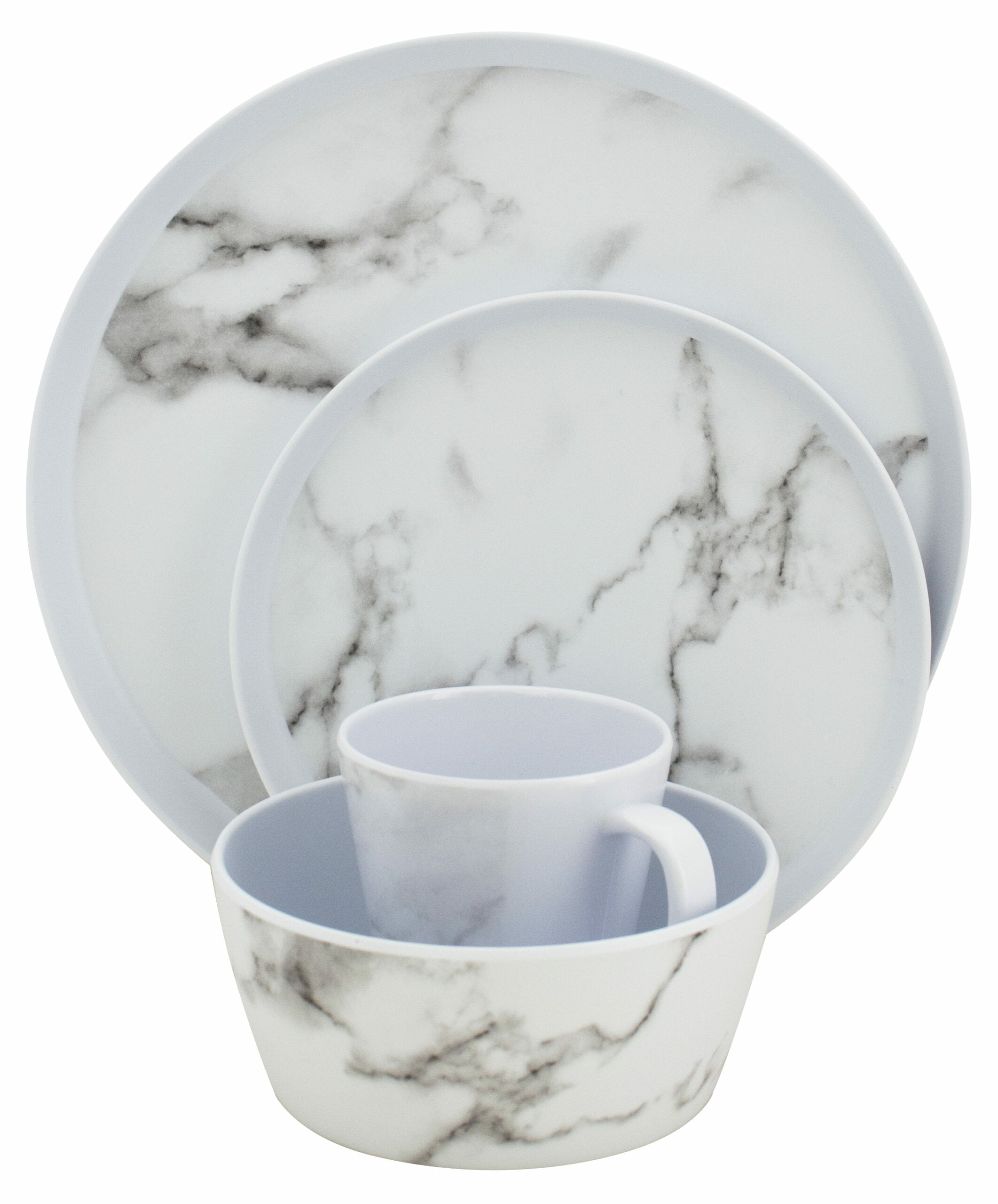 Eurotrail Geschirrset Marble ETKW2071 – 16-teiliges Set, Ø 27 cm, Melamin, Weiss