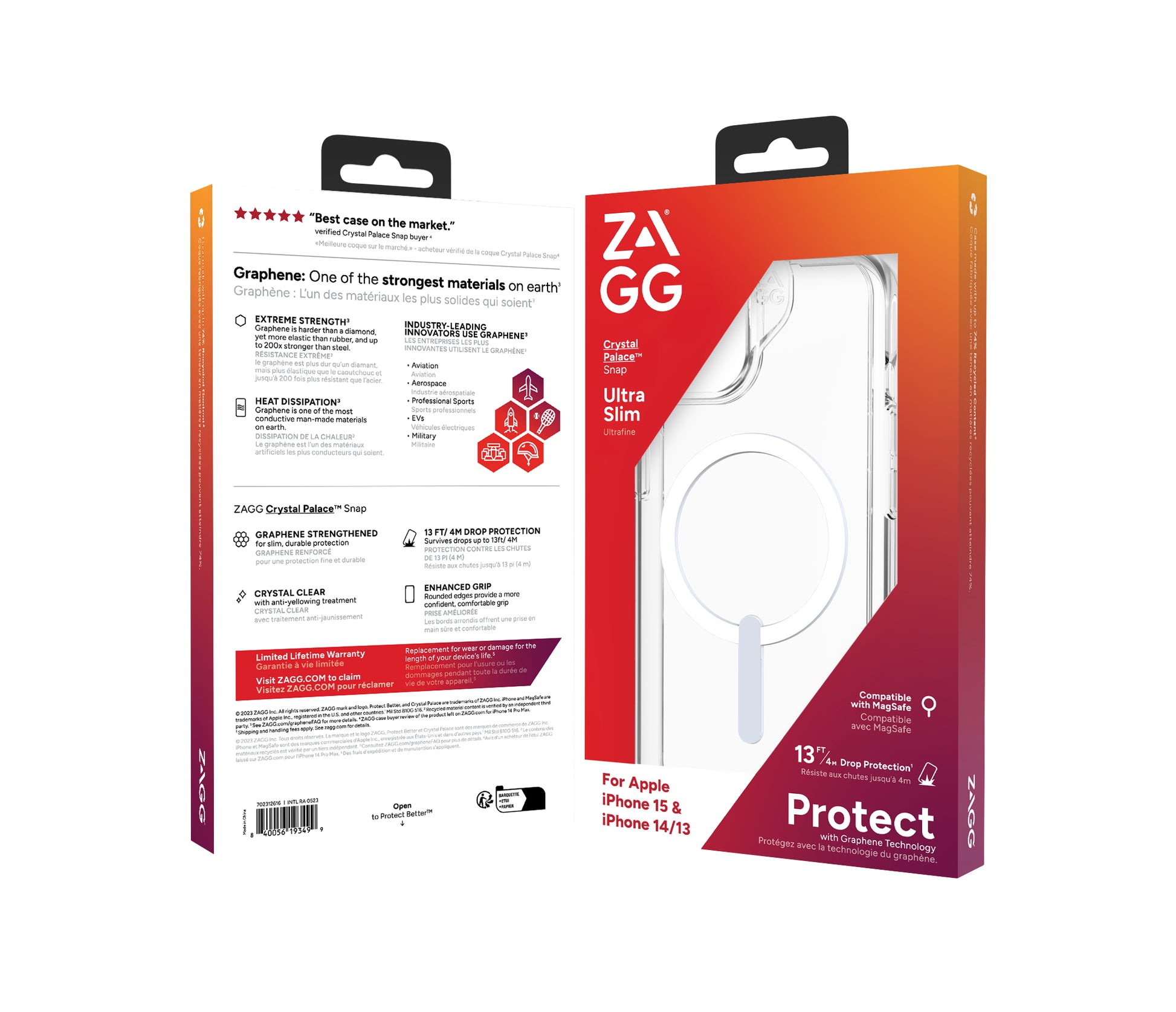 ZAGG Crystal Palace Snap – Backcover – für Apple iPhone 15/14/13, Graphen, Transparent, bis 4 m Sturzsicherung