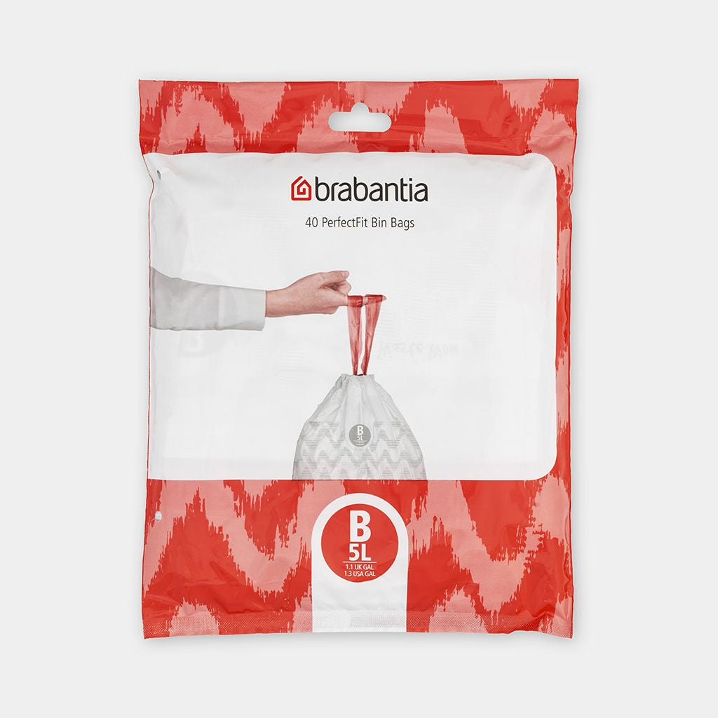 Brabantia Kehrichtsack für PerfectFit B – 5 l, mit Zugband, PE, weiss, 330 × 340 mm, 40 Stk