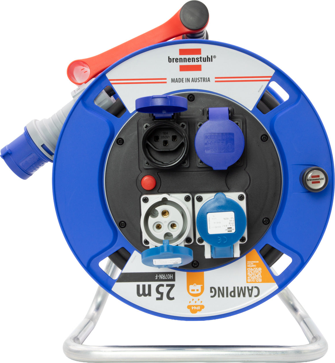 Brennenstuhl Kabelrolle, 25 m, 4×T23, IP55, 2,5 mm², Überhitzungsschutz, mit Schalter, Eingang CEE – Blau
