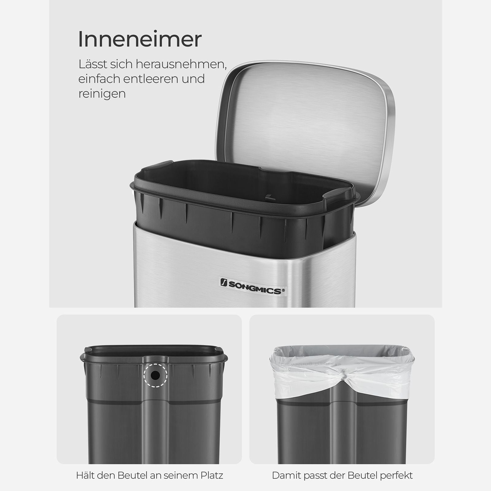 Songmics Papierkorb – 30 l – Stahl, Silber – Ø 350 × H 635 mm