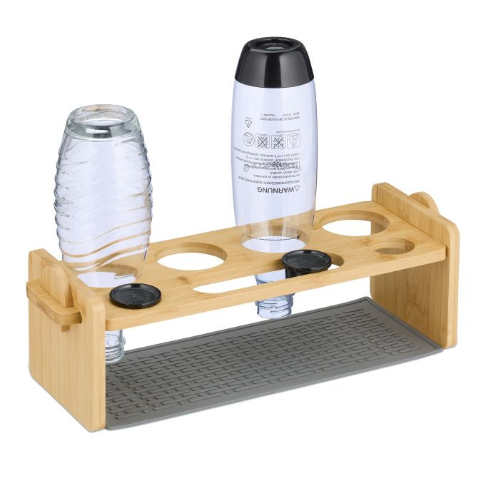 Relaxdays Abtropfgestell 43 × 14,5 × 14 cm, Bambus/Silikon, hellbraun, für 4 Flaschen