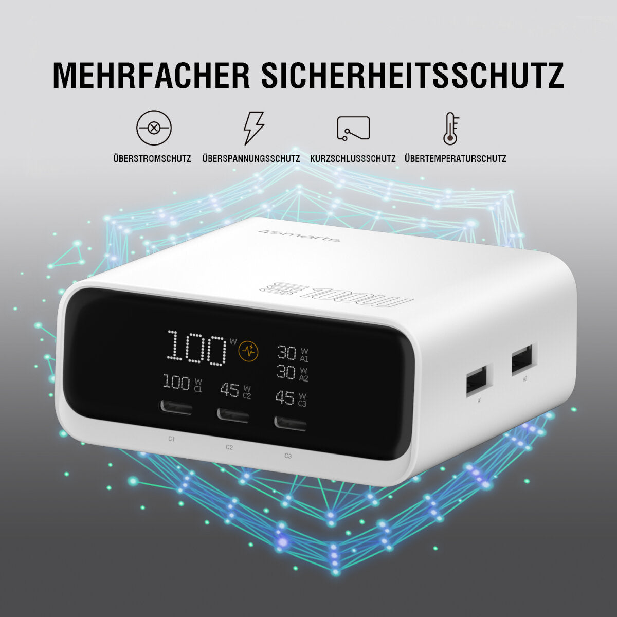 4smarts Desk Charger GaN Screen – 100 W, 3× USB-C + 2× USB-A – für Nintendo Switch, Laptop, Smartphone