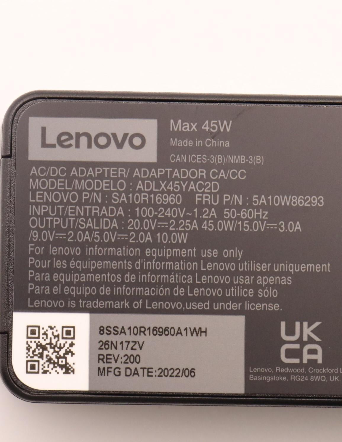 Lenovo 5A10W86293 USB-Ladegerät 45 W – PD – für Lenovo-Laptops – Schwarz