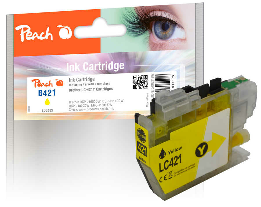 Peach LC-421 Gelb Tintenpatrone (Kompatibel) – 200 Seiten – für Brother DCPJ 1050/1140/1800, MFCJ 1010 DW