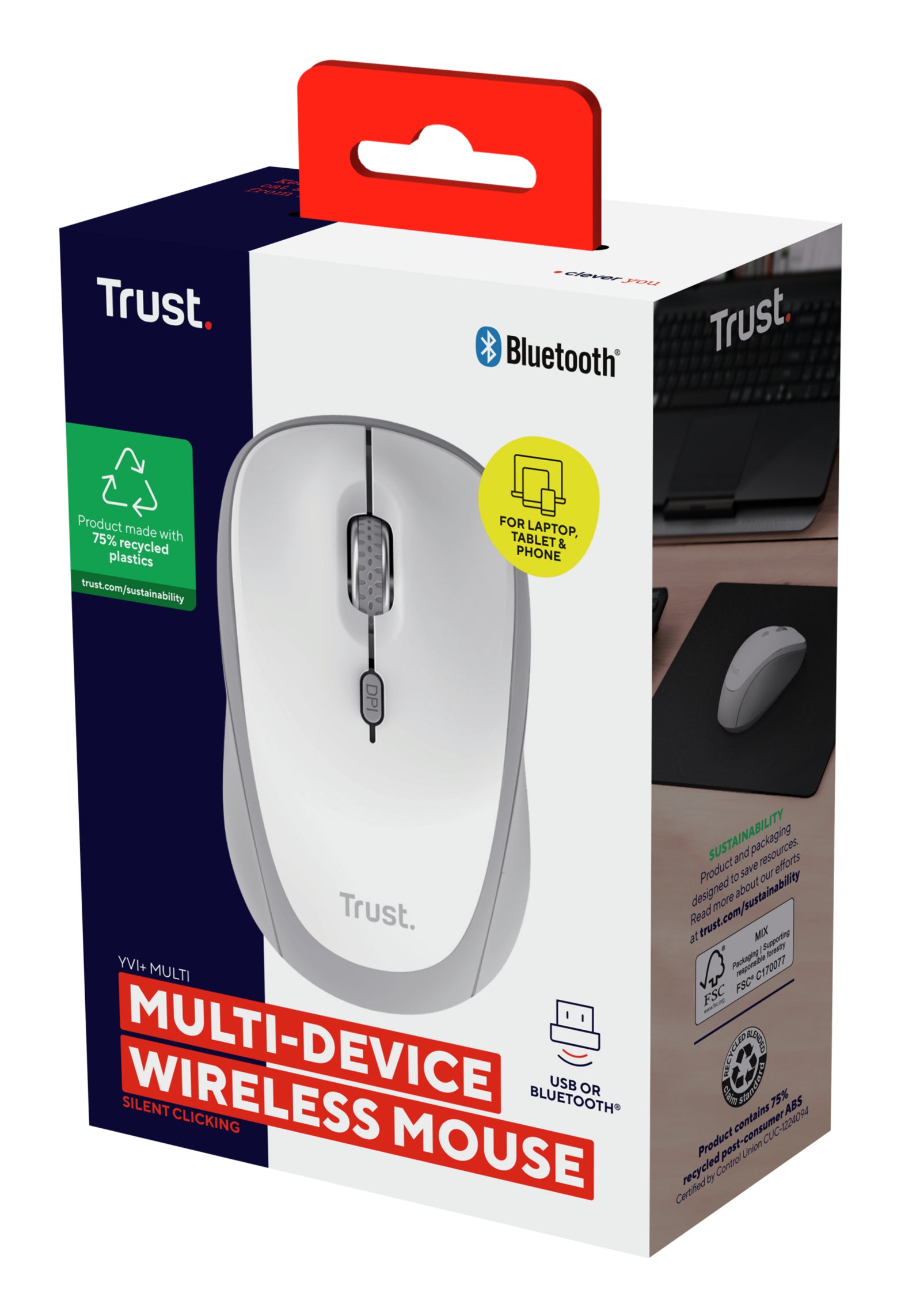Trust Yvi+ multi Device – Maus – Kabellos (Bluetooth/2,4 GHz), 1600 DPI, beidhändig, Weiss