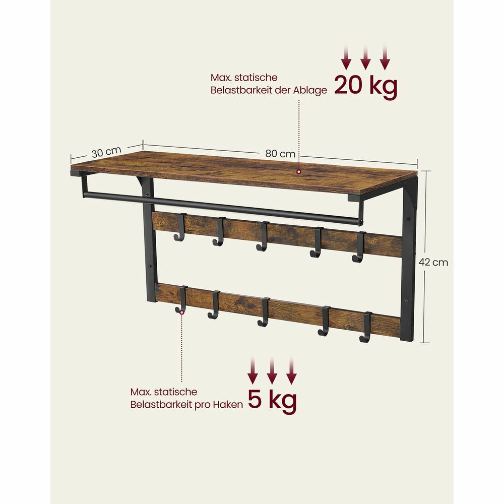 Vasagle Wandgarderobe – 10 Haken, mit Ablage, Stahl/Spanplatte, Schwarz/Braun, 80 × 30 × 42 cm