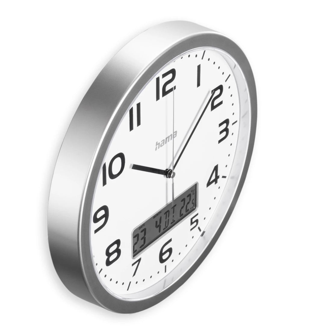Hama Wanduhr Moorea – Funk – Ø 30 cm, Silber, Kunststoff, Thermometer, Datum