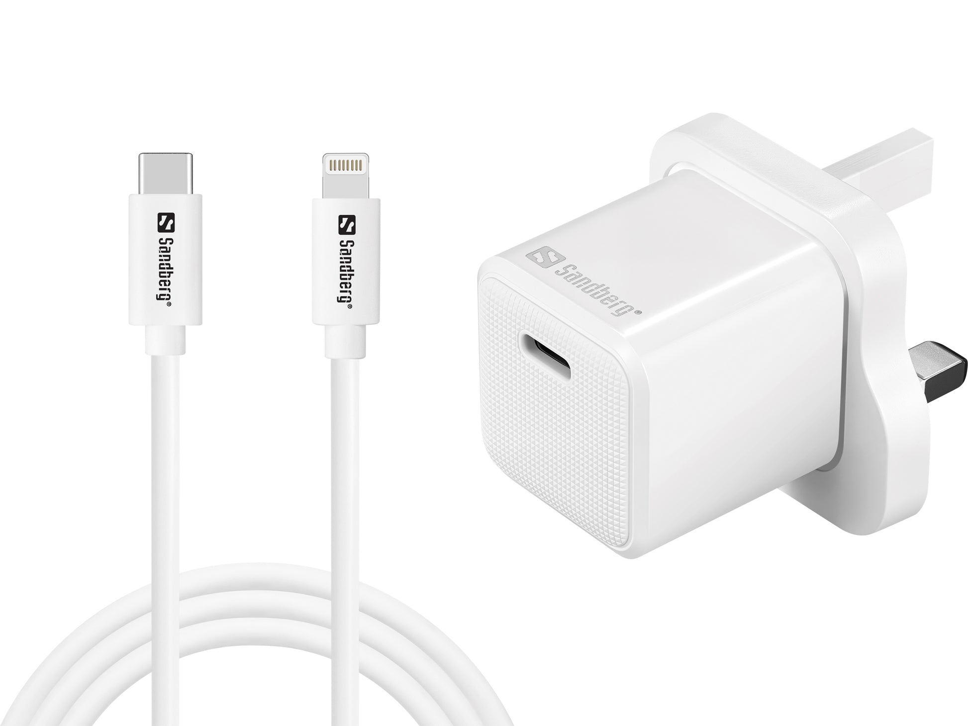 Sandberg USB-Ladegerät 20 W – USB-C×1, PD – UK-Stecker, inkl. USB-C→Lightning 1 m – für iPhone