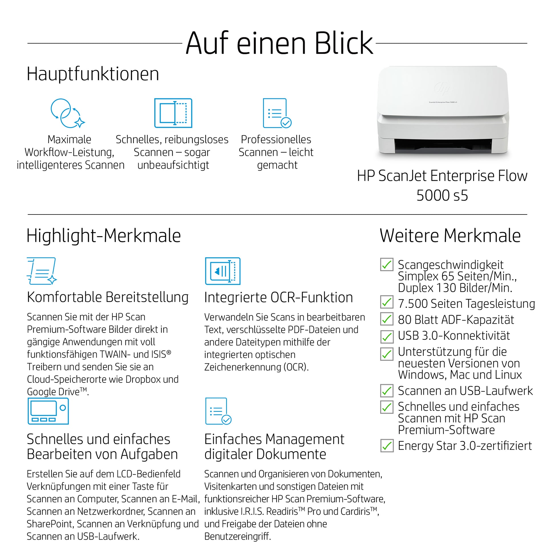 HP ScanJet Enterprise Flow 5000 s5 – Dokumentenscanner, A4, 65 Seiten pro Minute, 600 dpi, ADF 80 Blatt, USB, für Windows