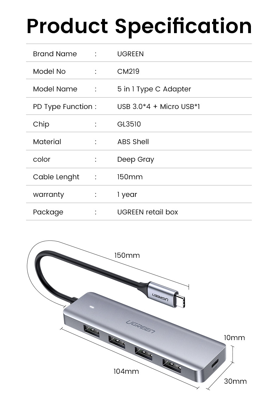 Ugreen 70336 USB-Hub – USB-C, 4× USB-A, für Samsung/Huawei/LG