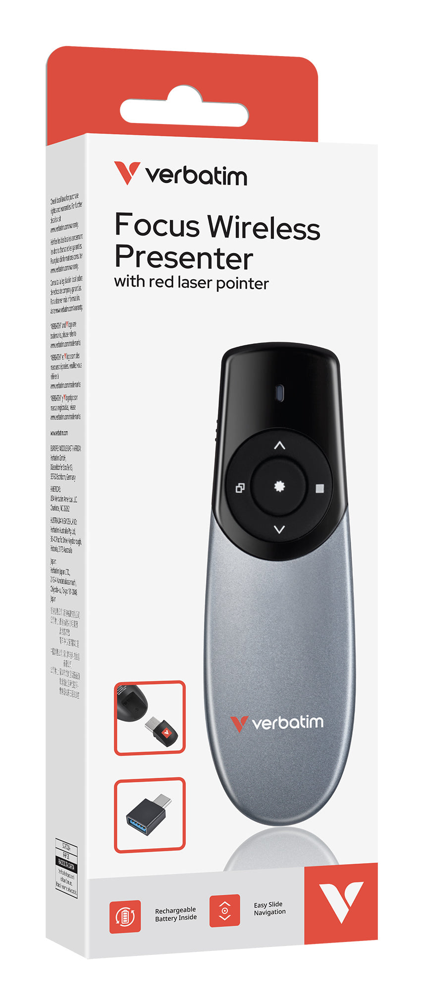 Verbatim Focus Wireless 32365 – Presenter, Laserklasse 1, 2,4 GHz, 100 m, Schwarz/Silber