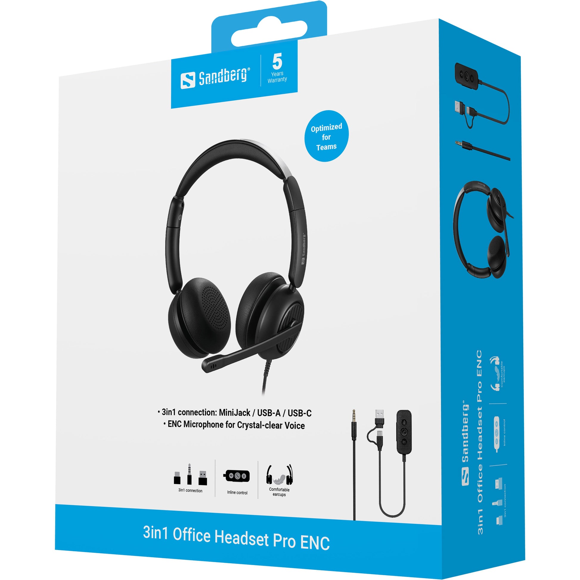 Sandberg 126-54 Office-Headset – On-Ear, Stereo, Kabel, 3,5 mm Klinke + USB-A/USB-C, Schwarz