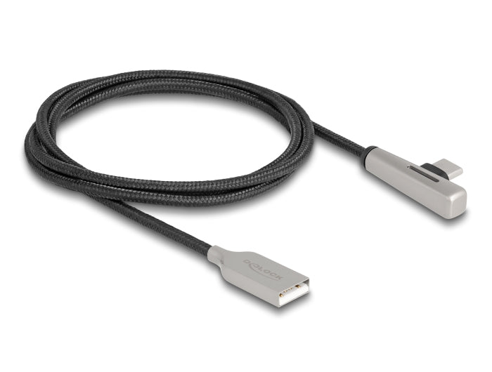 DeLOCK USB-A auf USB-C Kabel – USB 2.0 (480 Mbit/s) – 1 m – PD 60 W – Textilmantel, Leuchtend – Schwarz/Silber