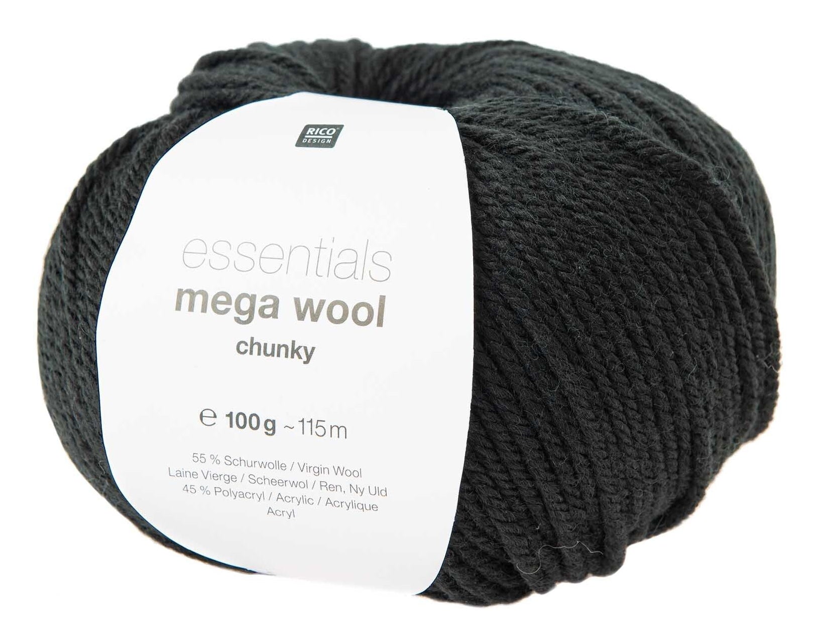 Rico Design Essentials Mega Wool Chunky Wolle Schwarz – 100 g, 125 m, Nadel 6 mm, 55% Schurwolle/45% Polyacryl