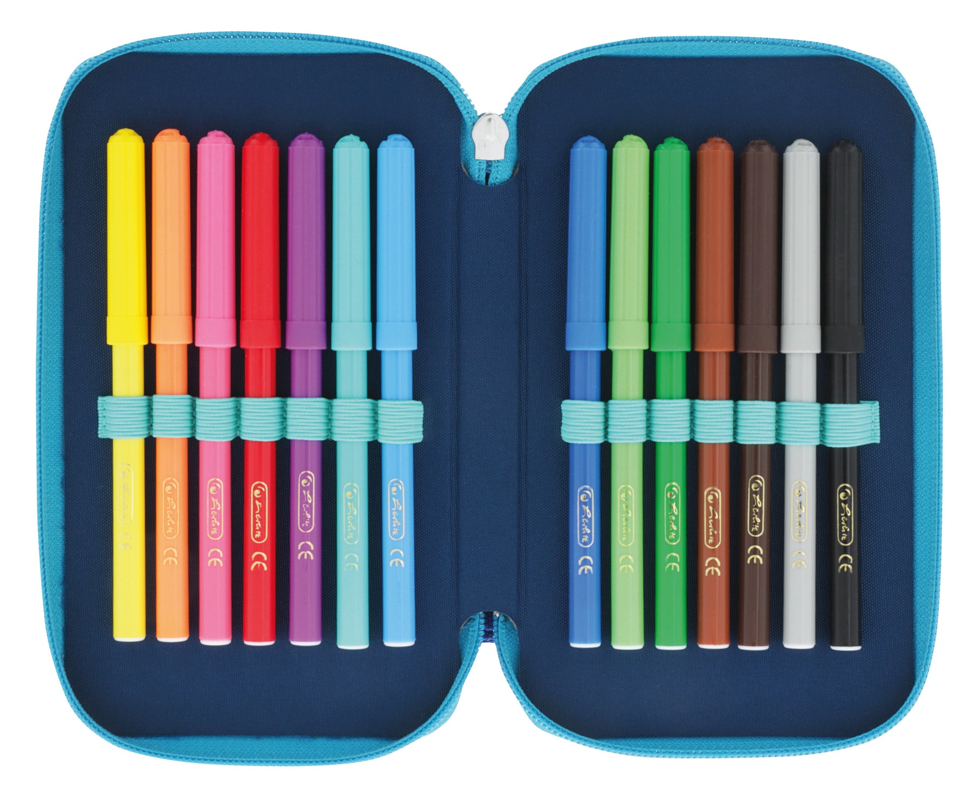 Herlitz TriCase Dip Dye – Schüleretui, gefüllt (31-teilig), 3 Klappen, blau, türkis, 19 × 7 × 11,5 cm