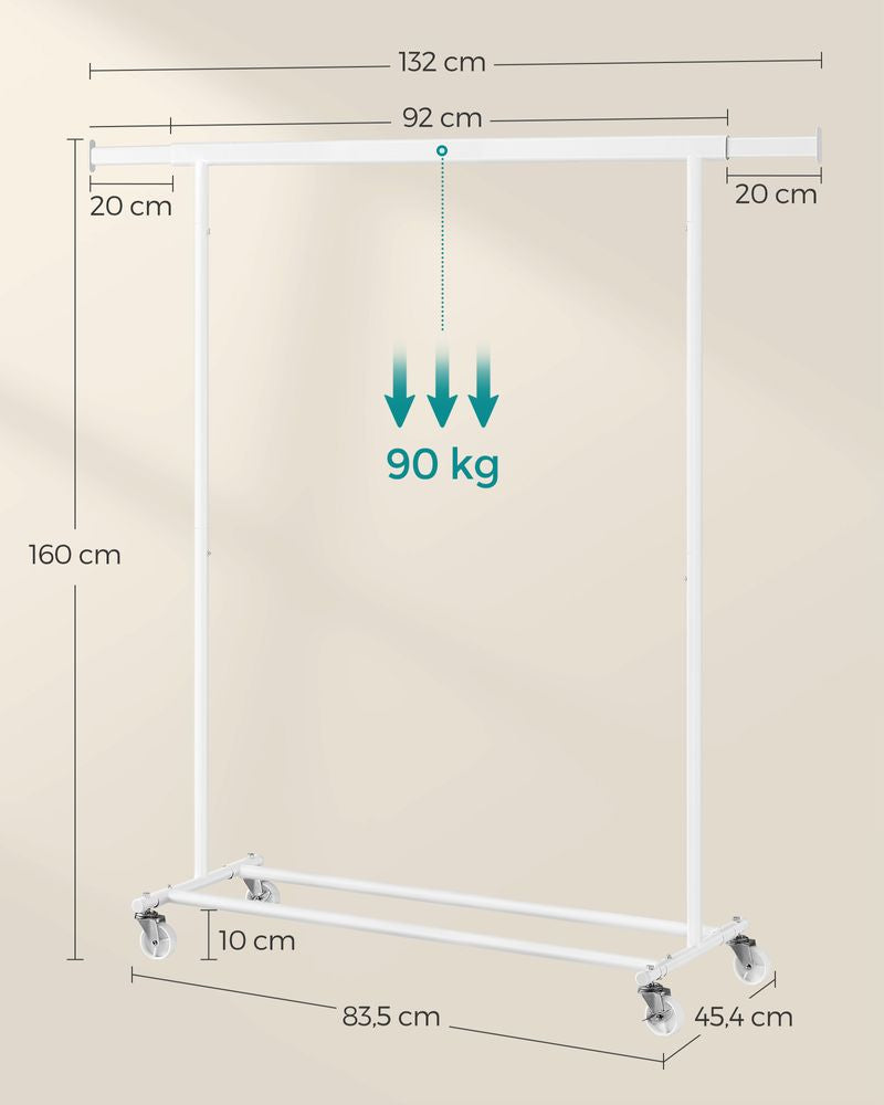 Songmics Garderobenständer (mit Rollen, 90 kg Tragkraft) – Stahl – Weiss – 1'600 mm
