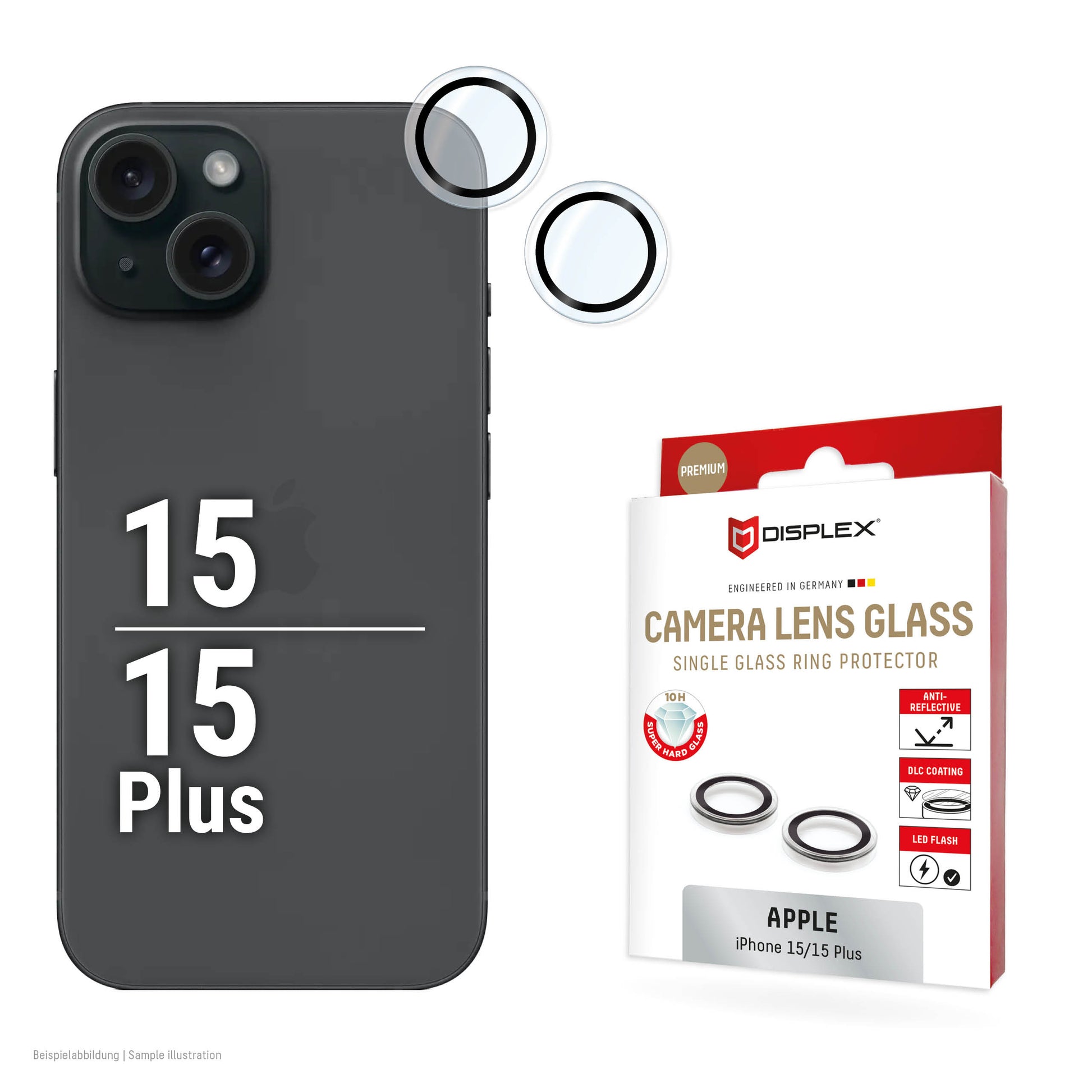 E.V.I. Kameralinsenschutz, 10H – für iPhone 15/15 Plus – Schwarz, Transparent