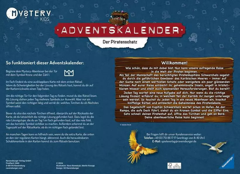 Ravensburger Adventskalender Mystery Der Piratenschatz – ab 6 Jahren, d, 385 × 385 × 60 mm, Karton, mehrfarbig
