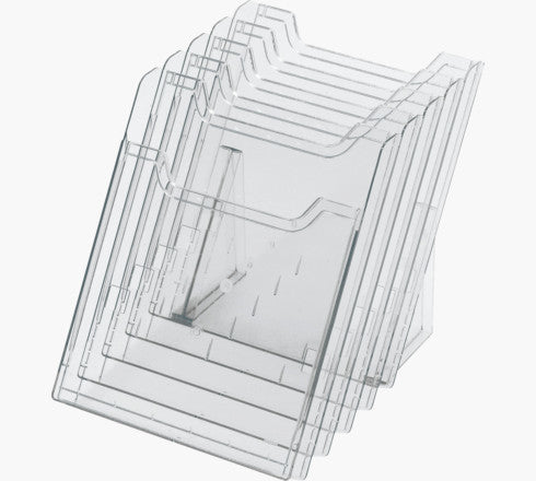 Exacompta Tischprospekthalter – für A4 Hochformat, 5 Fächer, Fachtiefe 28 mm, transparent, B 238 × H 259 × T 245 mm