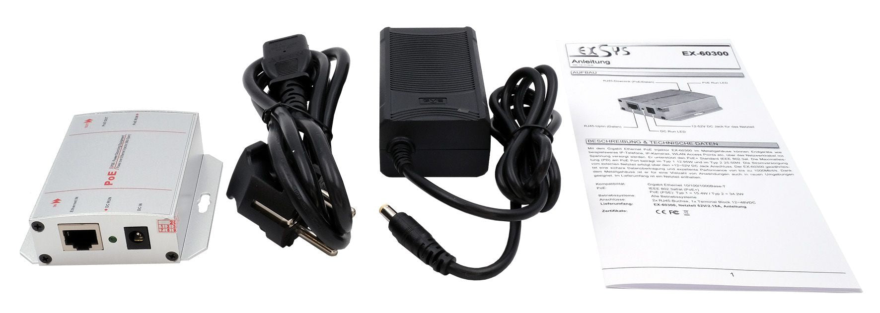 EXSYS EX-60300 PoE-Midspan – 30 W IEEE 802.3af/at, 2× RJ-45, Gigabit