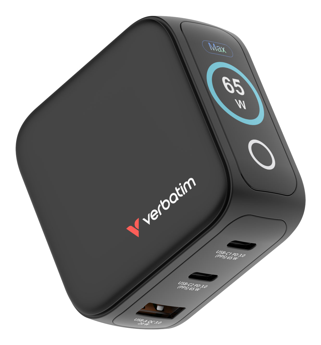 Verbatim 30238 USB-Ladegerät 65 W – USB-C×2, USB-A×1 – PD 3.0, PPS, QC 3.0 – GaN – EU/UK/US-Stecker – Schwarz