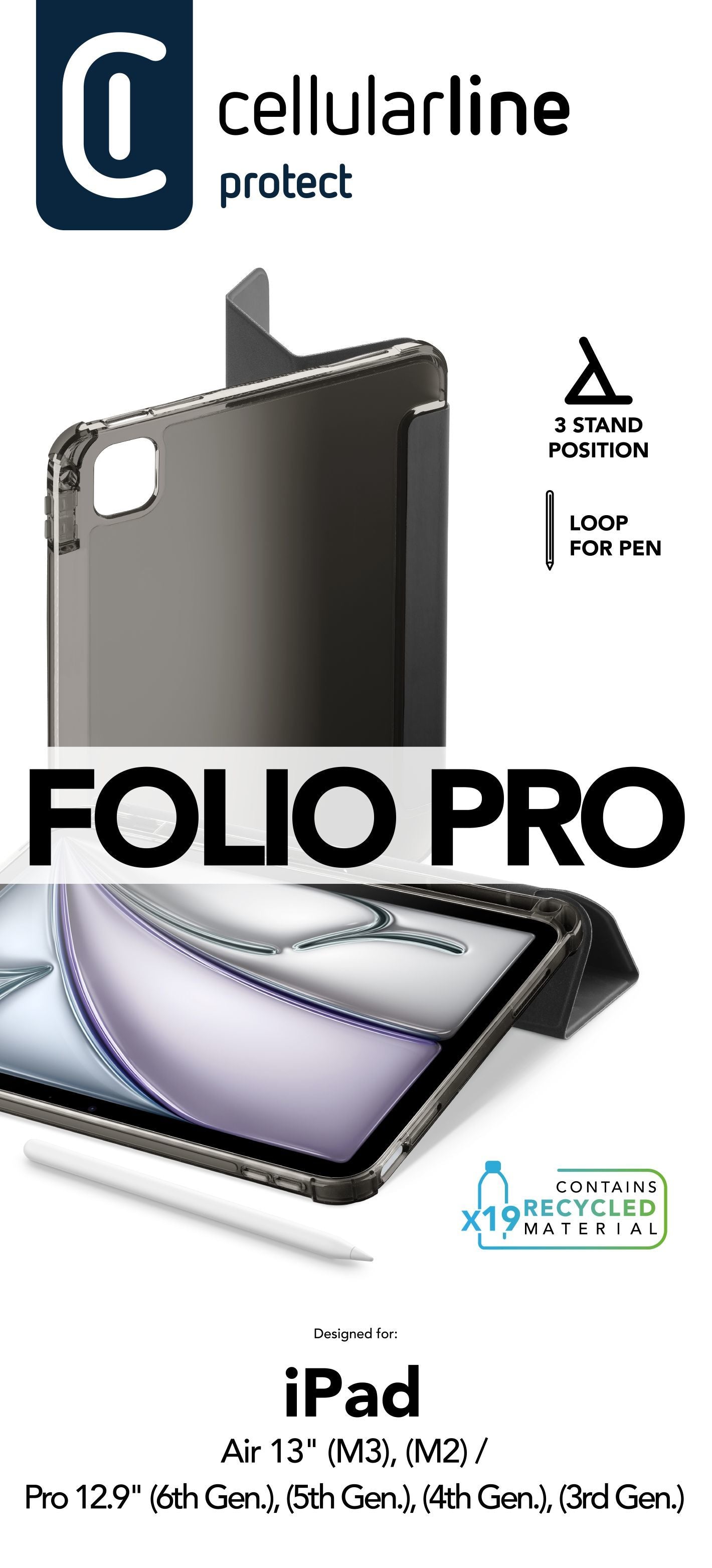 Cellularline Notebook-Schutzhülle – für iPad 12,9", Stoßschutz, Kunstleder, Schwarz