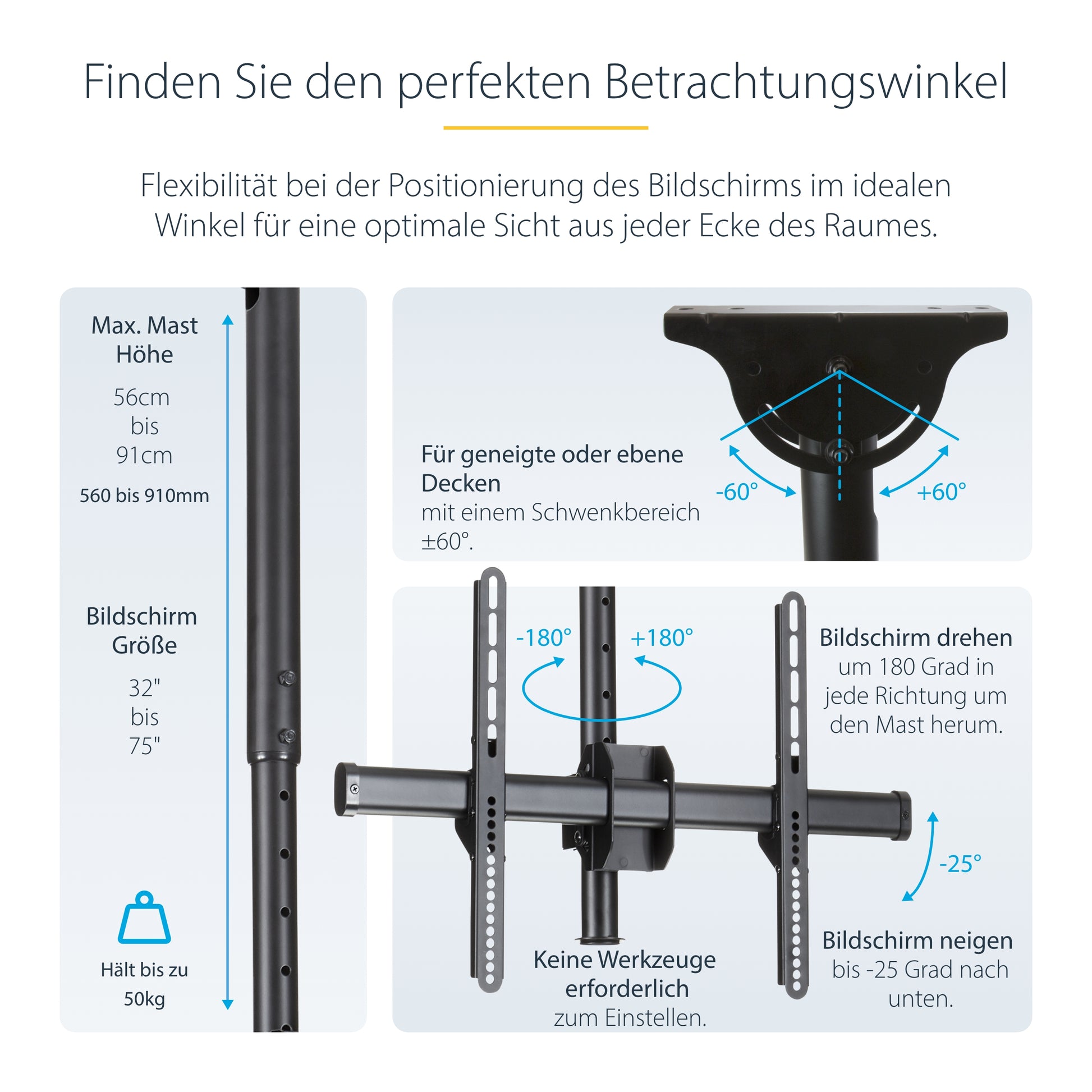 StarTech.com Deckenhalterung – 37–75" – VESA 200×200–600×400 – bis 50 kg, Teleskopmast – Schwarz