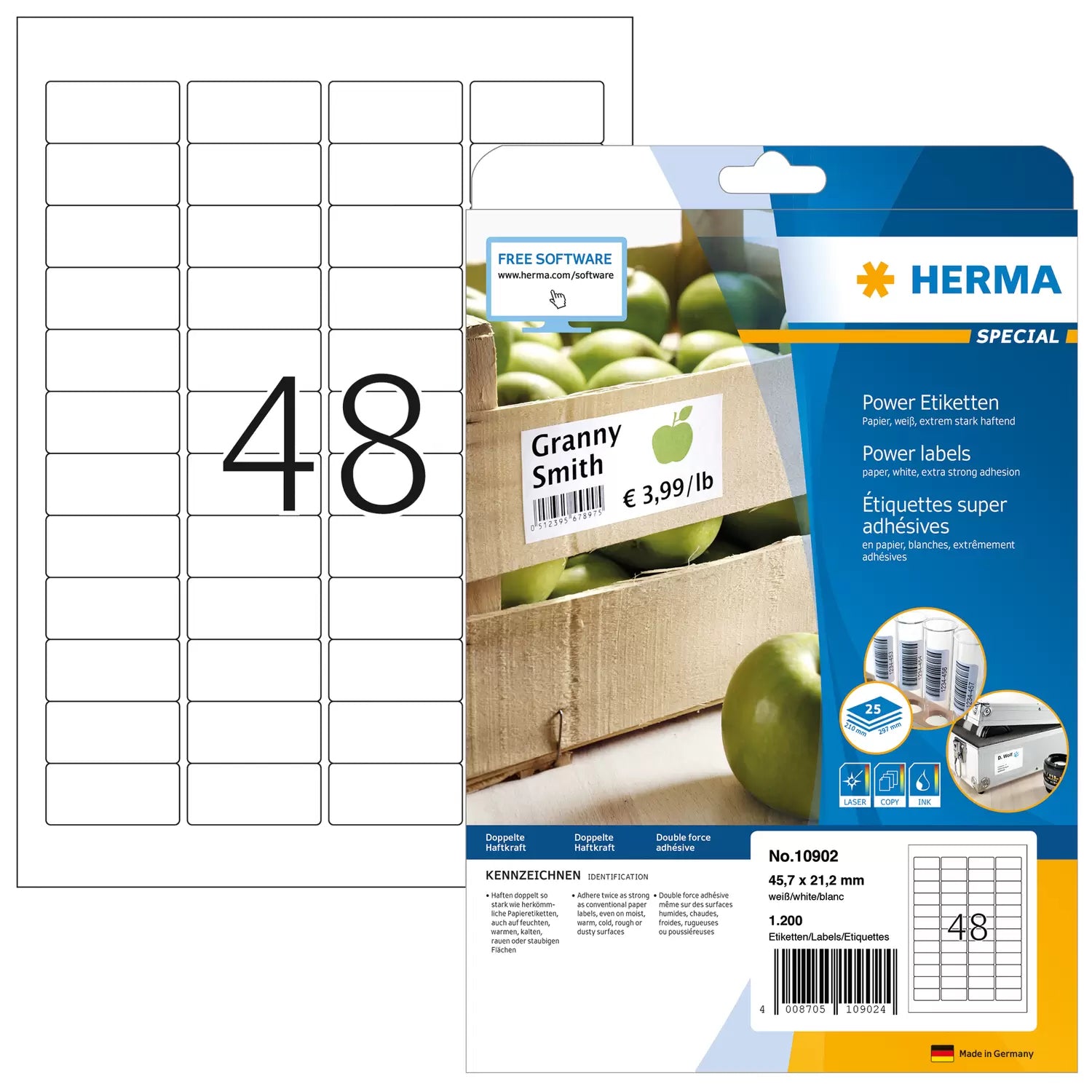 HERMA Etiketten (A4-Bogen), 46 mm × 21 mm, weiss, Papier, extra stark, 25 Blatt