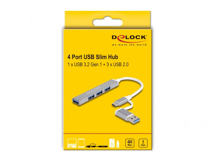 DeLOCK USB-Hub – USB-C, 3× USB-A, 1× USB-A (5 Gbit/s), für Windows/Mac/ChromeOS