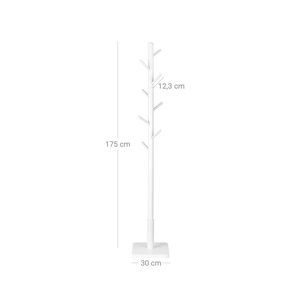 Vasagle Garderobenständer – 8 Haken, Gummibaumholz/MDF, Weiss, 30 × 30 × 175 cm
