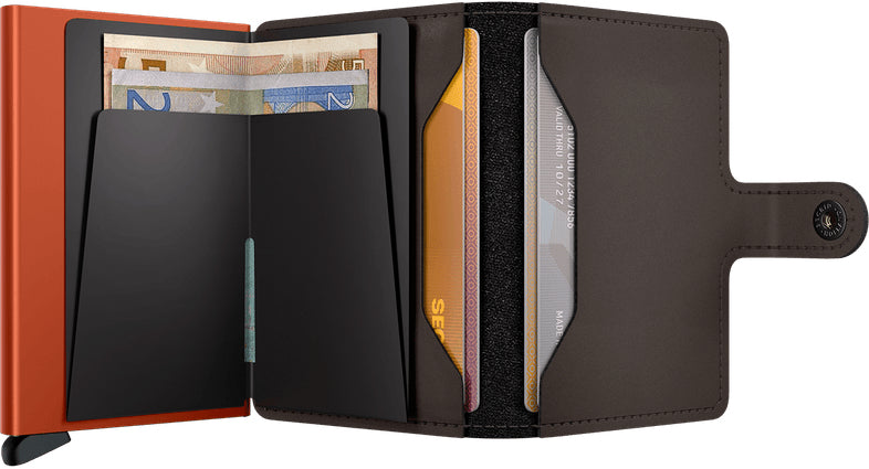Secrid Miniwallet Kartenetui – RFID-Schutz, für 10 Karten – 65×102×21 mm – Echtes Leder – Dunkelbraun/Orange
