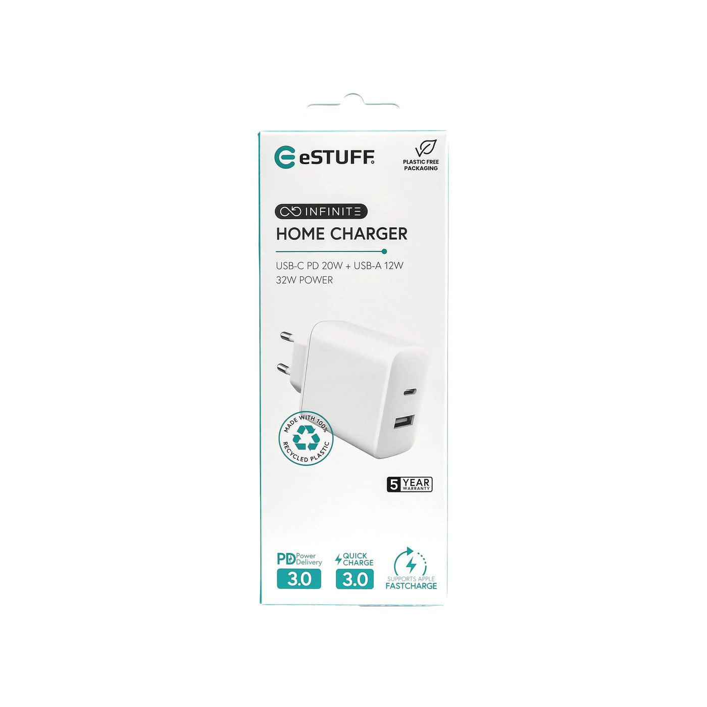 eSTUFF INFINITE USB-Wandladegerät 20 W – USB-C×1, USB-A×1 – PD 3.0, QC 3.0 – EU-Stecker (Typ C) – Weiss