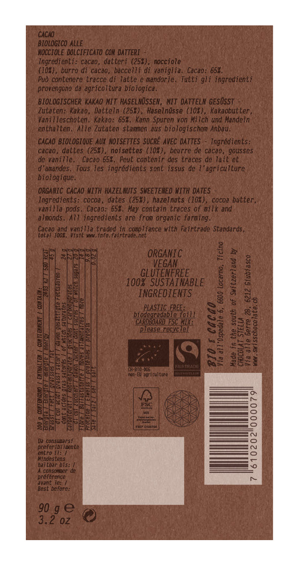 BioeCacao Dattelschokolade Haselnuss, bio, vegan – 90 g