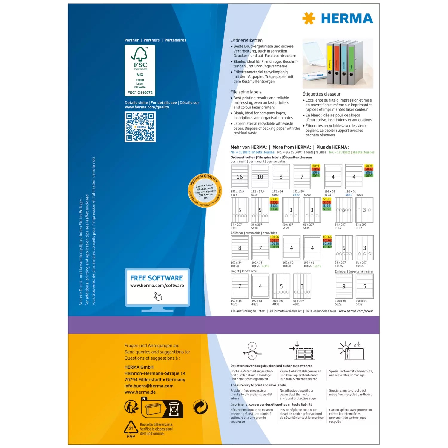 HERMA Ordneretiketten A4 192 × 61 mm – Papier, Gelb – Permanent haftend – Laser/Inkjet – 4 pro Blatt, 100 Blätter