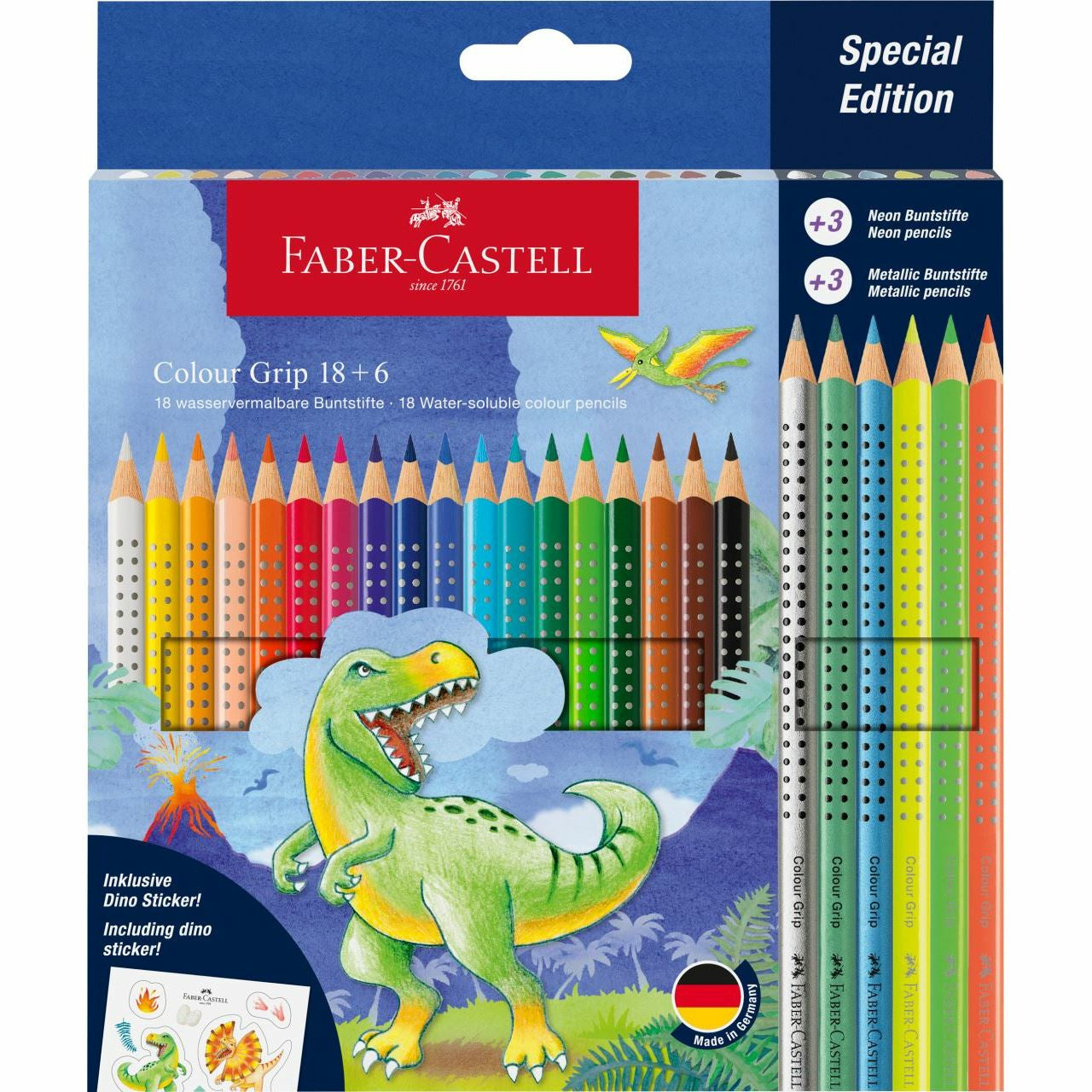 Faber-Castell Colour GRIP Dino Farbstifte – 24 Farben, Dreikant, waschbar, Karton