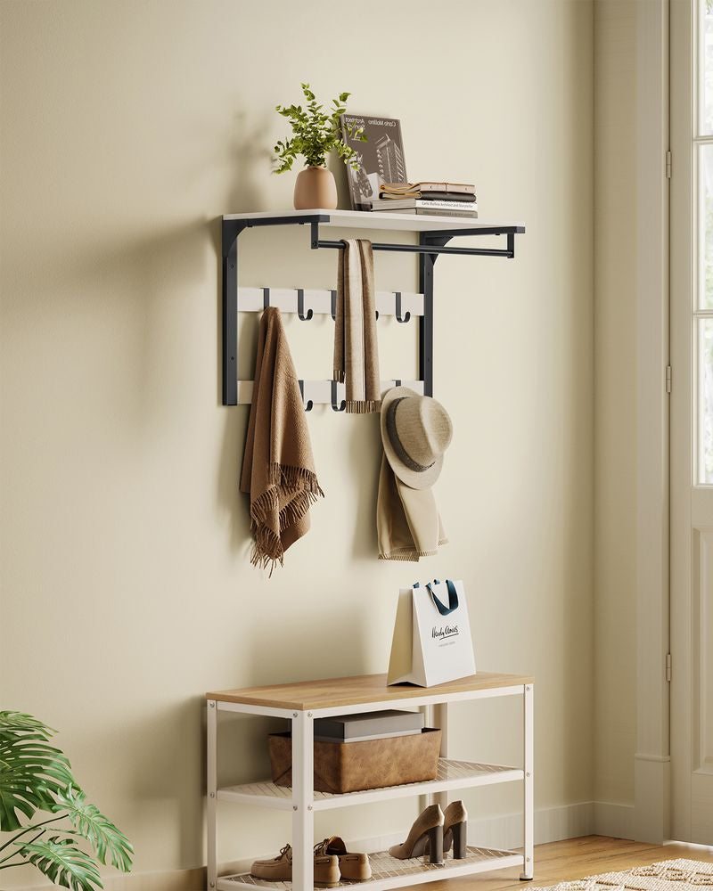 Vasagle Wandgarderobe – 10 Haken, mit Ablage, Stahl/Spanplatte, Schwarz/Weiss, 65 × 30 × 42 cm