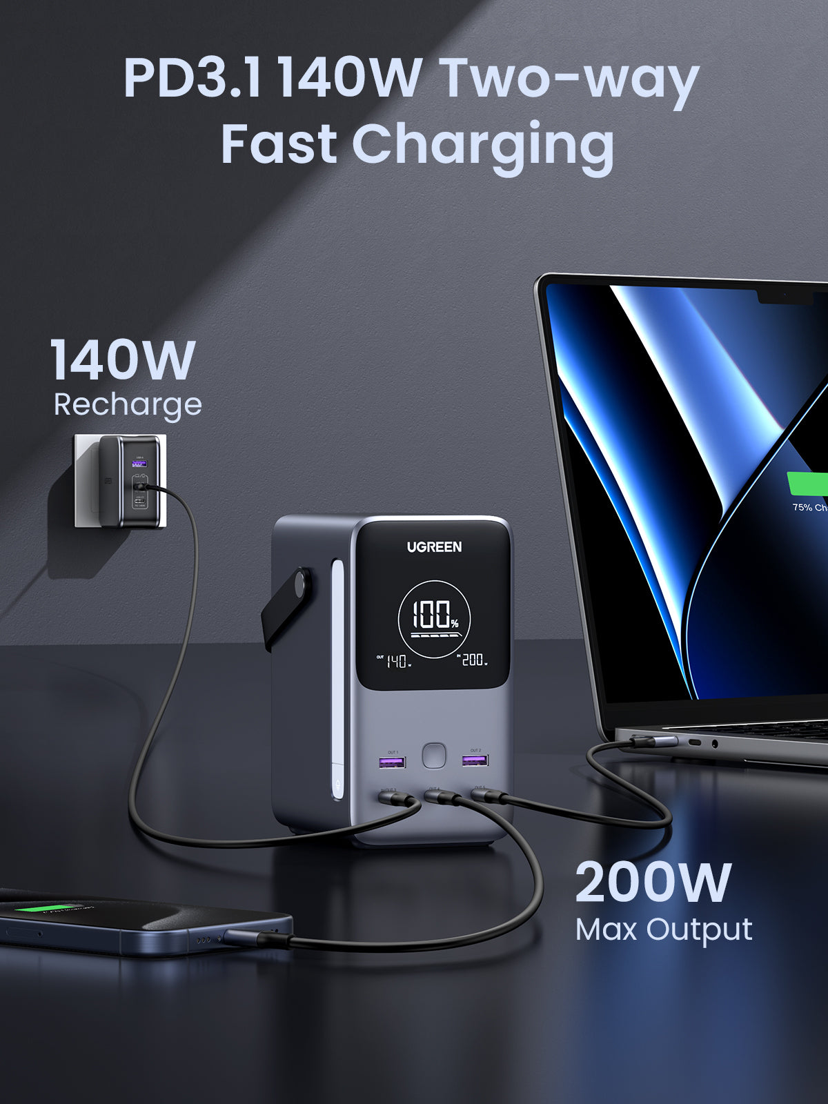 Ugreen Powerbank 48000 mAh, PD 140 W, Grau