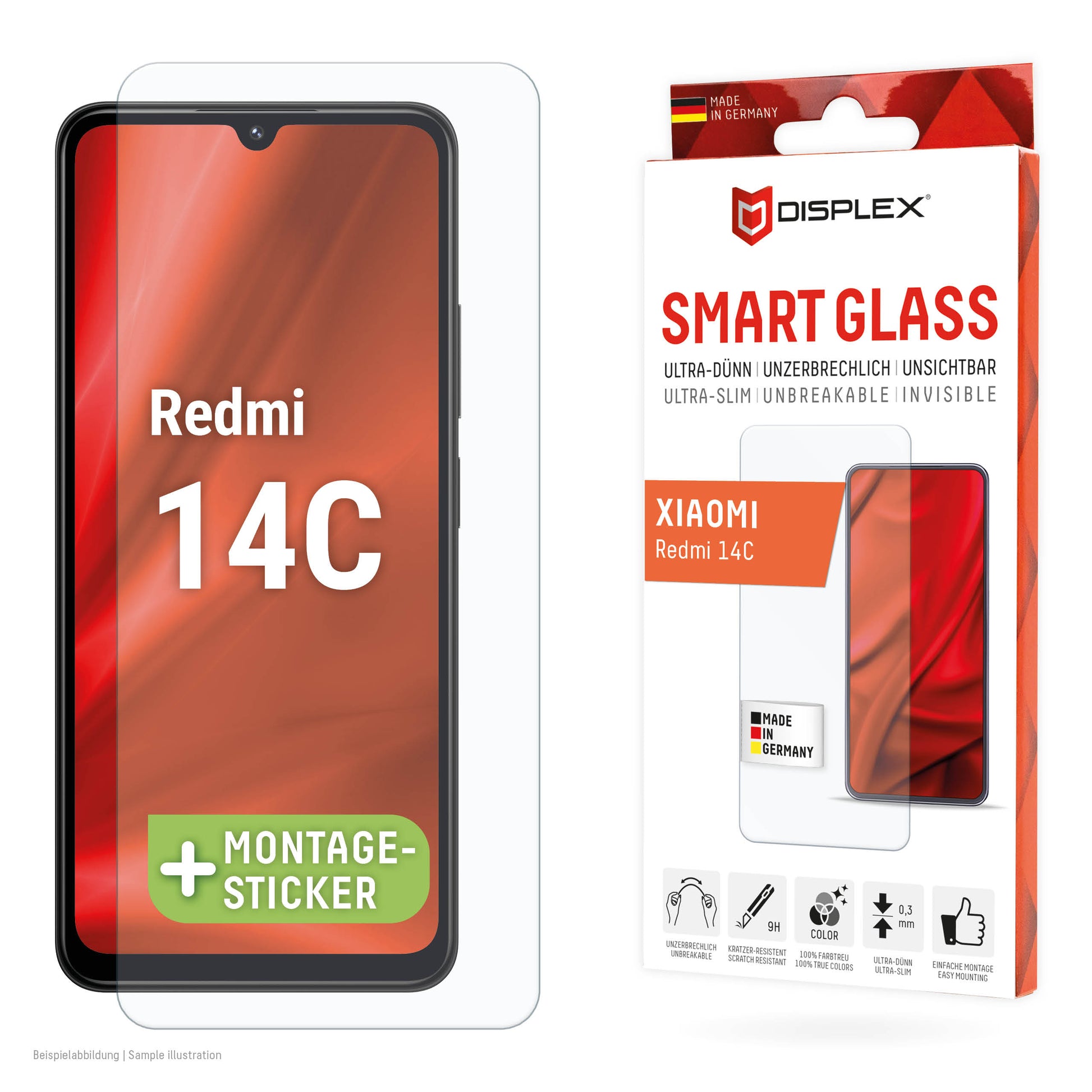 Displex Displayschutz (Panzerglas), 9H – für Redmi 14C – mit Applikator