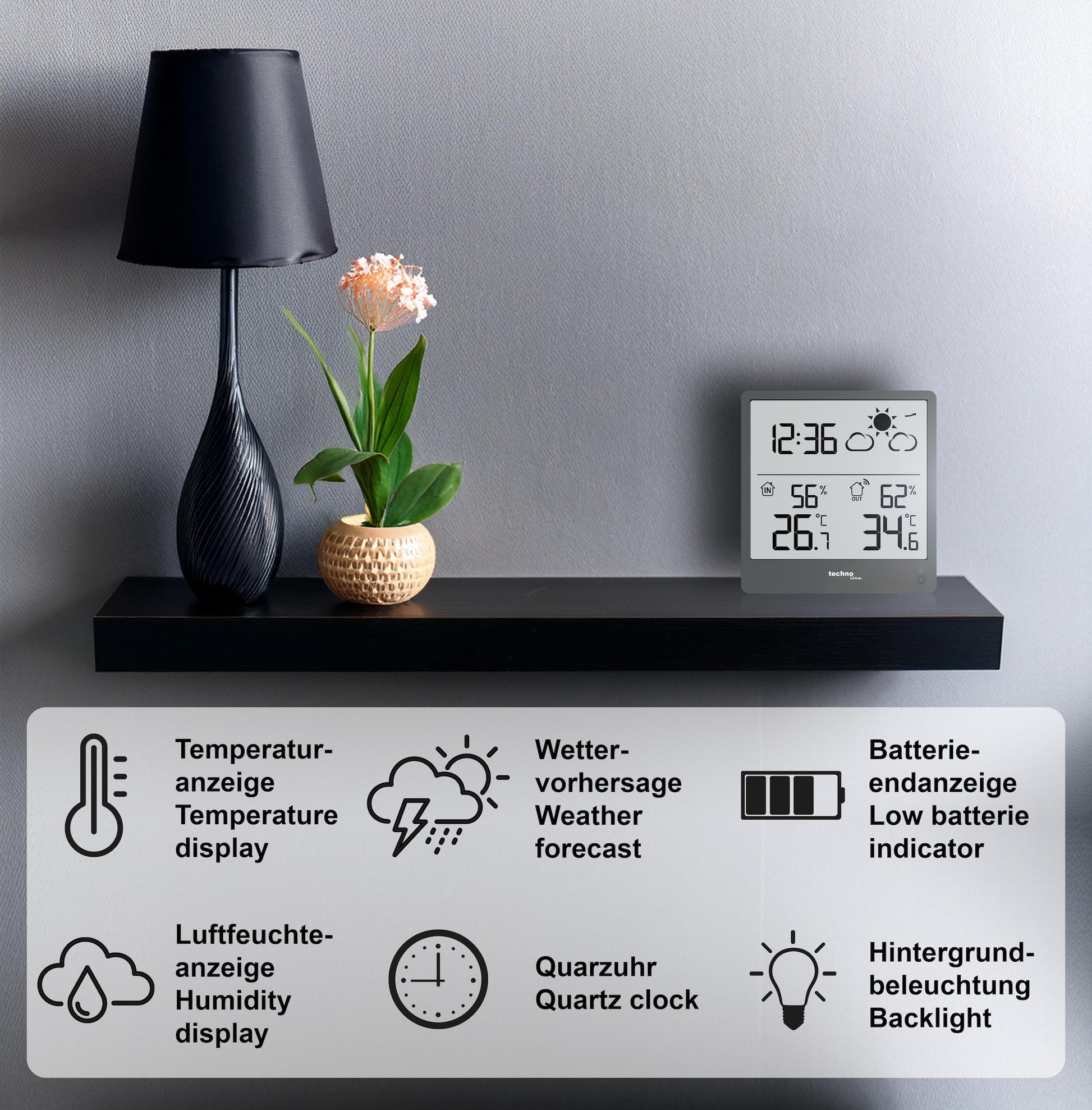Technoline WS 9138 – Wetterstation, innen/aussen, Hygrometer & Thermometer, inkl. Aussensensor – schwarz