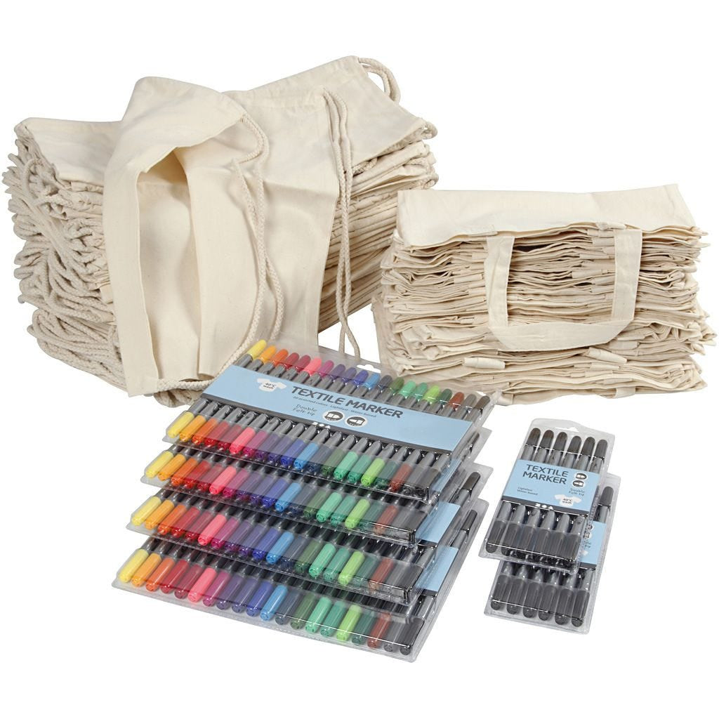 Creativ Company Textilset – Stofftasche & Turnbeutel, Baumwolle, Weiss – inkl. Stifte