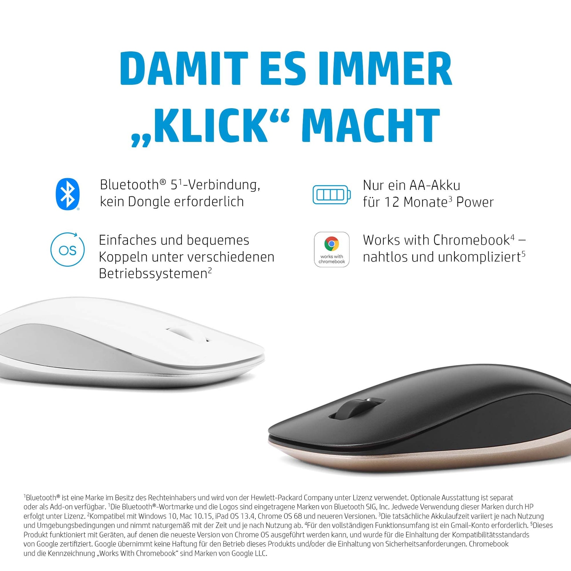 HP 410 Slim – Maus – Kabellos (Bluetooth), 2000 DPI, Beidhändig, Schwarz/Silber